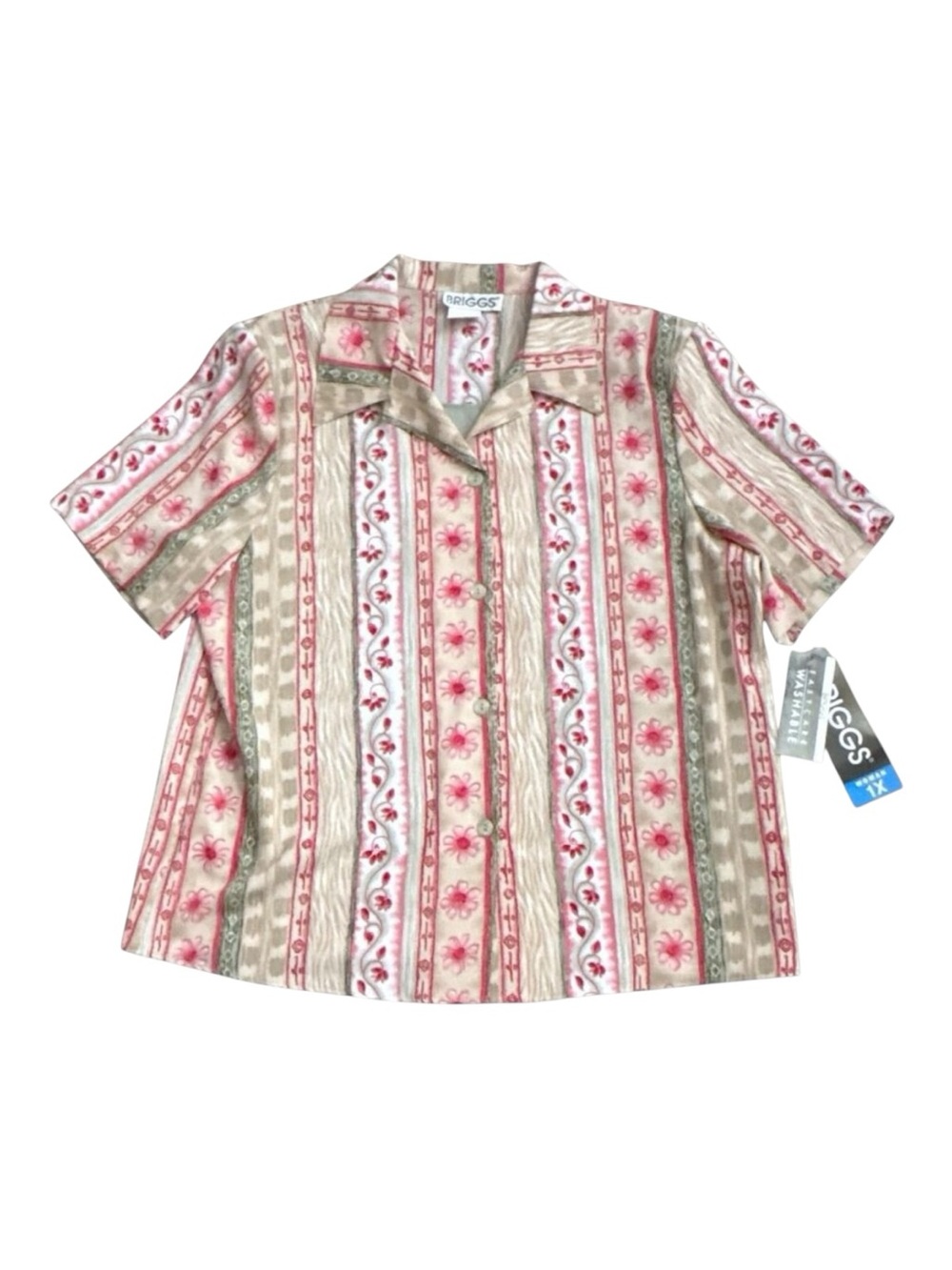 Briggs New York Pink Beige Floral Stripe Button-Down Top. Fits like an XXL not1x